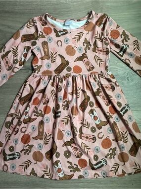 Girls' Pink Western Boot Print Long Sleeve Dress